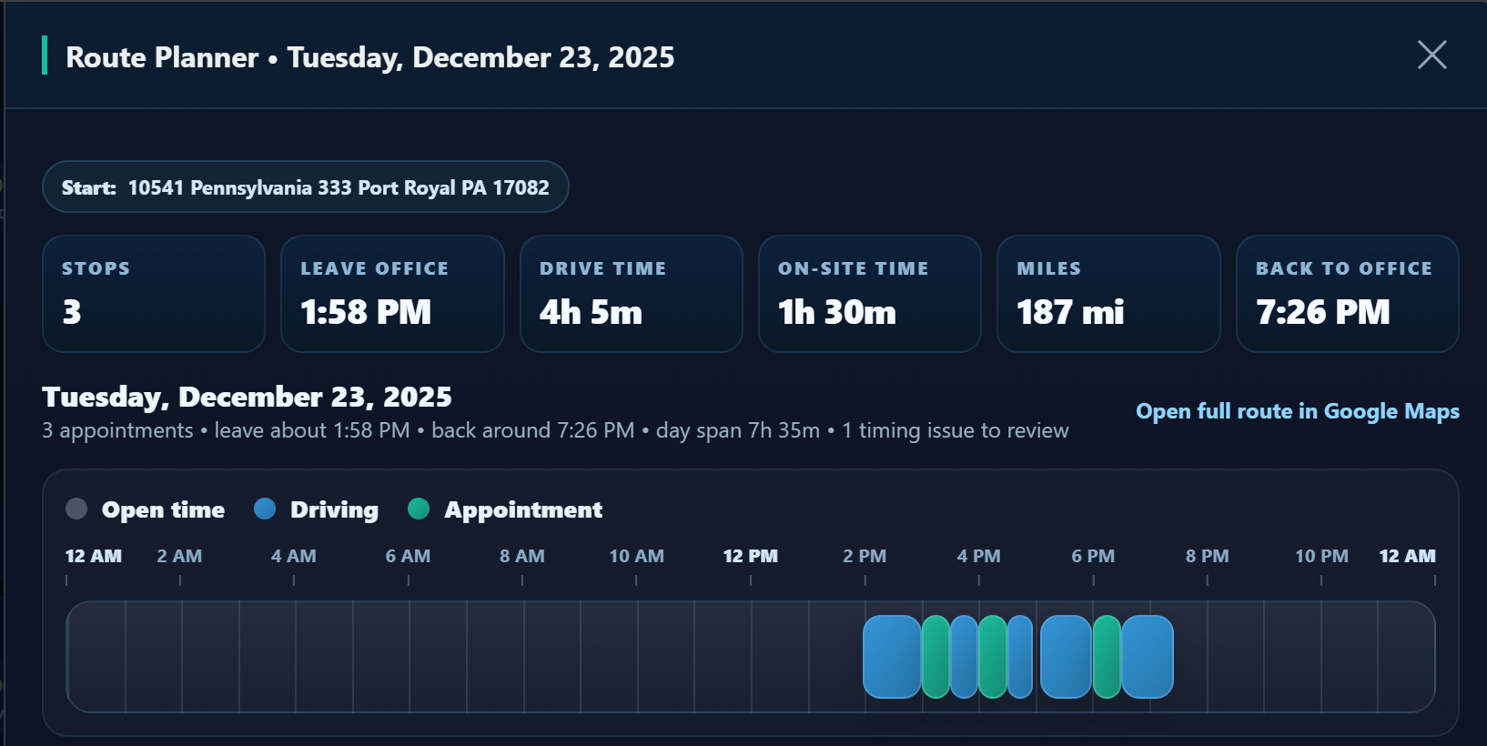 NotaryOSS route planner showing appointments, timing, mileage, and the daily schedule timeline.